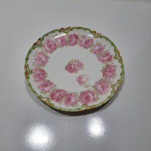 Antique Limoges France Hand-Painted Porcelain Plate With Pink Roses Gold Trim